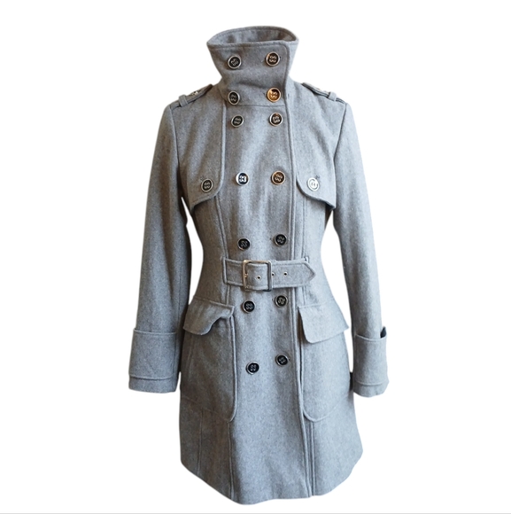 Green with Envy Gray Double Breasted Pea Coat Women's Belted Wool Jacket Small - Picture 1 of 11